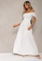 Biała Sukienka z Gumeczkami w Talii i Przy Dekolcie z Rozkloszowanym Dołem Anideta