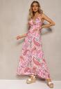 Różowa Rozkloszowana Sukienka na Lato Ozdobiona Printem Paisley z Kopertowym Dekoltem Dionita