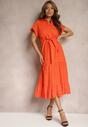 Pomarańczowa Koszulowa Sukienka z Ażurowej Bawełny Wiązana w Talii Lulilena