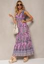 Fioletowa Wzorzysta Sukienka z Bawełny na Szerokich Ramiączkach z Gumką w Pasie Vilaria