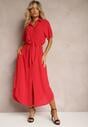 Czerwona Koszulowa Sukienka z Wiskozy z Materiałowym Paskiem w Talii Gialara