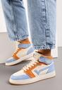 Beżowo-Niebieskie Wysokie Sneakersy na Płaskiej Podeszwie Ozdobione Przeszyciami Biacara