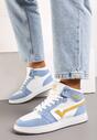 Biało-Niebieskie Wysokie Sneakersy na Płaskiej Podeszwie Ozdobione Przeszyciami Biacara