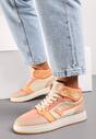Beżowo-Pomarańczowe Wysokie Sneakersy na Płaskiej Podeszwie Ozdobione Przeszyciami Biacara