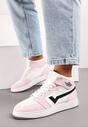 Biało-Różowe Wysokie Sneakersy na Płaskiej Podeszwie Ozdobione Przeszyciami Biacara
