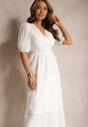 Biała Sukienka z Bawełny o Haftowanym Wykończeniu z Gumką w Talii Lomeda