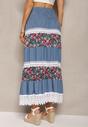 Biało-Niebieska  Bawełniana Spódnica High Waist z Gumką w Talii i Ozdobną Koronką Tesaquin
