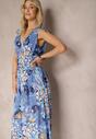 Niebieska Kwiecista Sukienka z Gumką w Talii i Trójkątnym Dekoltem Vialessia