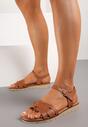 Brązowe Sandały z Imitacji Skóry na Płaskiej Podeszwie Zapinane na Sprzączkę Gafara