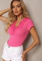 Tricou Fucsia din Bumbac cu Mânecă Scurtă și Dantelă Decorativă la Decolteu Comelina