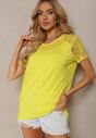 Żółty Wiskozowy T-shirt Koszulka z Krótkim Rękawem i Koronką Liada
