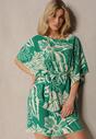 Zielona Kwiecista Sukienka z Krótkim Rękawem i Wiązaniem w Talii Fasila