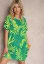 Zielona Sukienka z Krótkim Rękawem o Roślinnym Wzorze z Kieszeniami Tiadena