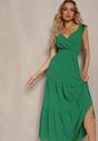 Zielona Sukienka z Kopertowym Dekoltem na Ramiączkach z Gumką w Pasie i Falbankami Ebiviana