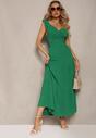 Zielona Sukienka z Kopertowym Dekoltem na Ramiączkach z Gumką w Pasie i Falbankami Ebiviana
