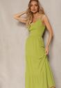 Zielona Sukienka na Ramiączkach z Regulacją z Gumką w Talii i Falbanką Faviara