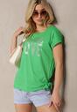 Zielony Bawełniany T-shirt z Nadrukiem i Ozdobnym Wiązaniem na Dole Baxena