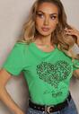 Zielony T-shirt z Bawełny Koszulka z Krótkim Rękawem i Nadrukiem z Cyrkoniami Kloena