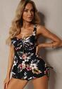 Czarny Strój Kąpielowy Dwuczęściowy Tankini z Topem w Kwiaty Nalaria