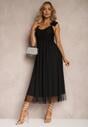 Rochie neagră în cloș cu bretele și elastic în talie cu volane Zafara