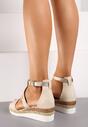 Beżowe Sandały z Imitacji Skóry na Plecionym Koturnie z Ażurowym Paskiem Pinelia