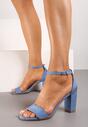 Niebieskie Sandały z Imitacji Zamszu na Słupku Zapinane przy Kostce na Sprzączkę Leafina