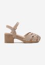 Ciemnobeżowe Sandały z Imitacji Zamszu na Słupku o Ażurowym Przodzie z Ozdobnymi Nitami Qanesi