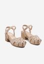 Ciemnobeżowe Sandały z Imitacji Zamszu na Słupku o Ażurowym Przodzie z Ozdobnymi Nitami Qanesi