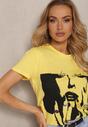 Żółty T-shirt z Bawełny Ozdobiony Nadrukiem i Cyrkoniami Chinelia