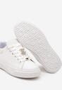 Biało-Beżowe Sneakersy na Niskiej Platformie ze Wstawką z Ekozamszu i Złotym Misiem Nleona