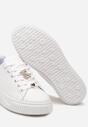 Biało-Złote Sneakersy na Niskiej Platformie ze Wstawką z Ekozamszu i Złotym Misiem Nleona