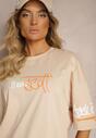 Beżowa Koszulka T-shirt Oversize z Nadrukiem z Elastycznej Bawełny Taralise