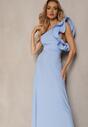 Niebieska Rozkloszowana Sukienka Asymetryczna z Dużymi Falbanami przy Ramionach Cevada
