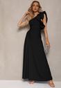 Czarna Rozkloszowana Sukienka Asymetryczna z Dużymi Falbanami przy Ramionach Cevada