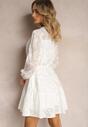 Biała Sukienka Wiązana w Talii o Rozkloszowanym Kroju z Bufiastymi Rękawami Elannia
