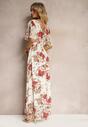 Beżowo-Różowa Sukienka z Gumką w Talii i Kopertowym Dekoltem Wiązana na Plecach Cevona