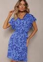 Rochie bleumarin în cutie cu model ornamental cu curea și inserție din dantelă Ceviana