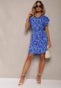 Rochie bleumarin în cutie cu model ornamental cu curea și inserție din dantelă Ceviana