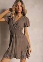 Rochie bej închis din bumbac cu elastic în talie cu decolteu în V și volane Quola