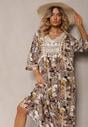 Rochie bej-negru boho din viscoză decorată cu dantelă și ciucuri Giorna