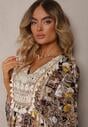 Rochie bej-negru boho din viscoză decorată cu dantelă și ciucuri Giorna