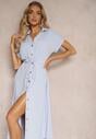 Rochie Cămașă Albastră cu Curea din Material Încheiată cu Nasturi Quintia