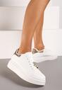 Biało-Złote Płaskie Sneakersy za Kostkę ze Sznurowaniami Ozdobione Aplikacjami i Cyrkoniami Quenalia