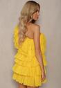Żółta Rozkloszowana Sukienka Mini z Falbankami i Asymetrycznymi Ramionami Liurtta