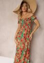 Rochie verde-portocalie evazată tip spaniol din viscoză cu imprimeu floral Viseria