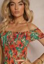 Rochie verde-portocalie evazată tip spaniol din viscoză cu imprimeu floral Viseria