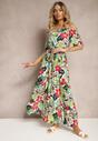 Rochie verde-roz din viscoză evazată cu curea în talie imprimeu floral Rosubia