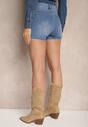 Niebieskie Szorty Jeansowe z Bawełną High Waist Ozdobione Wstążką Nalitora