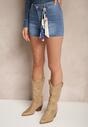Niebieskie Szorty Jeansowe z Bawełną High Waist Ozdobione Wstążką Nalitora