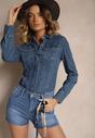Niebieskie Szorty Jeansowe z Bawełną High Waist Ozdobione Wstążką Nalitora